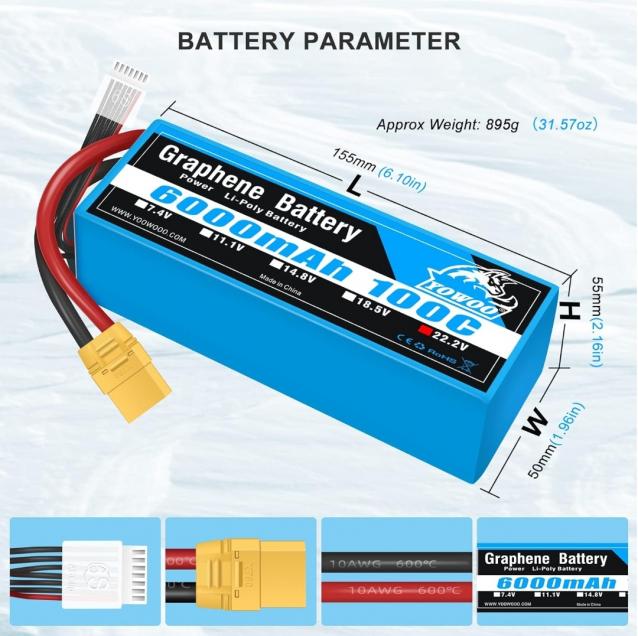 2 Batterie Lipo Graphene YOWOO 6000Mah  22.2V 6S 100C  NUOVE 
