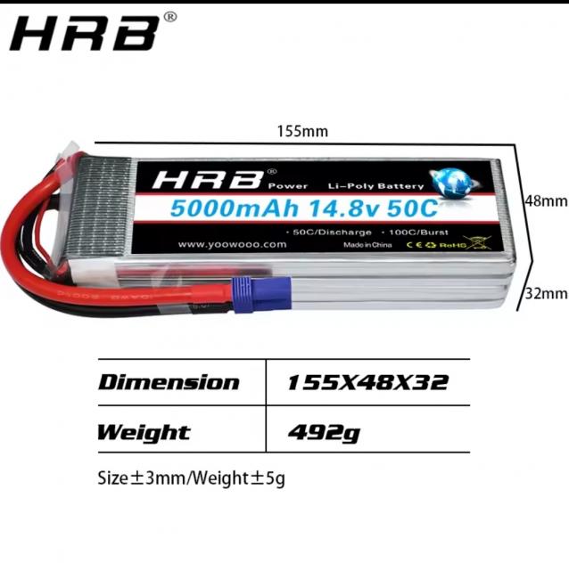 2 Batterie Lipo HRB 5000Mah 14.8V 4S 50C/100C con connettore XT90  NUOVE a  74